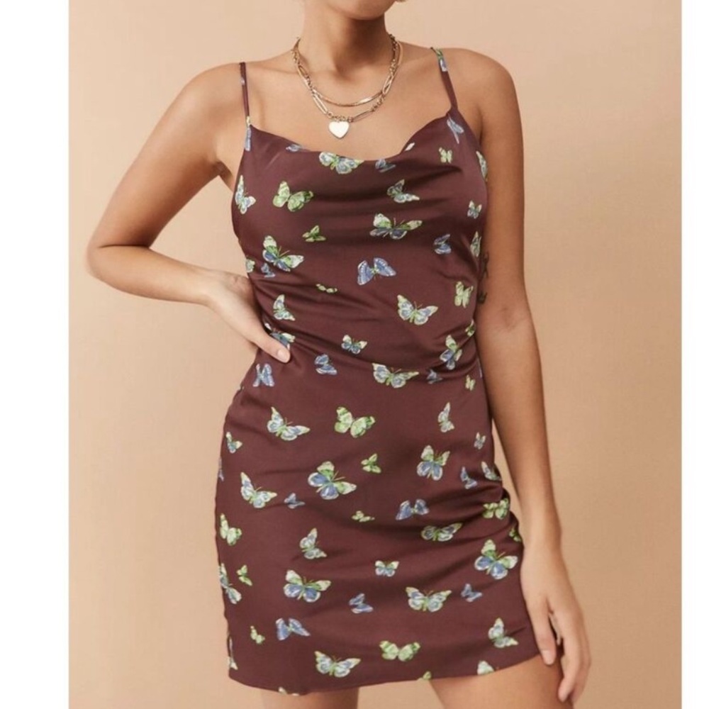 Urban Outfitters Malorie Butterfly Print Cowl Neck Slip Dress Brown-Medium
